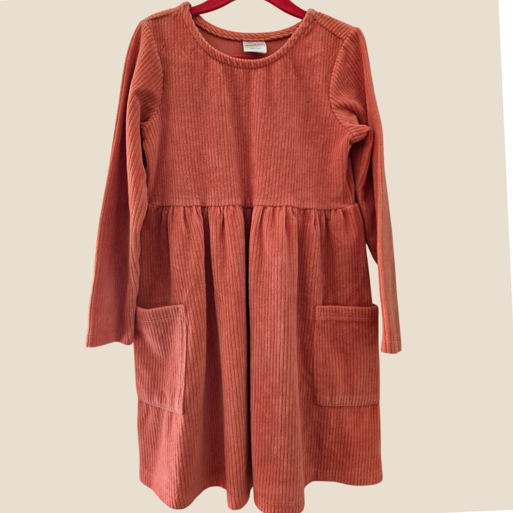 Hanna Andersson Girls Orange Corduroy Long Sleeve Pocket Dress Size 120 US 6-7